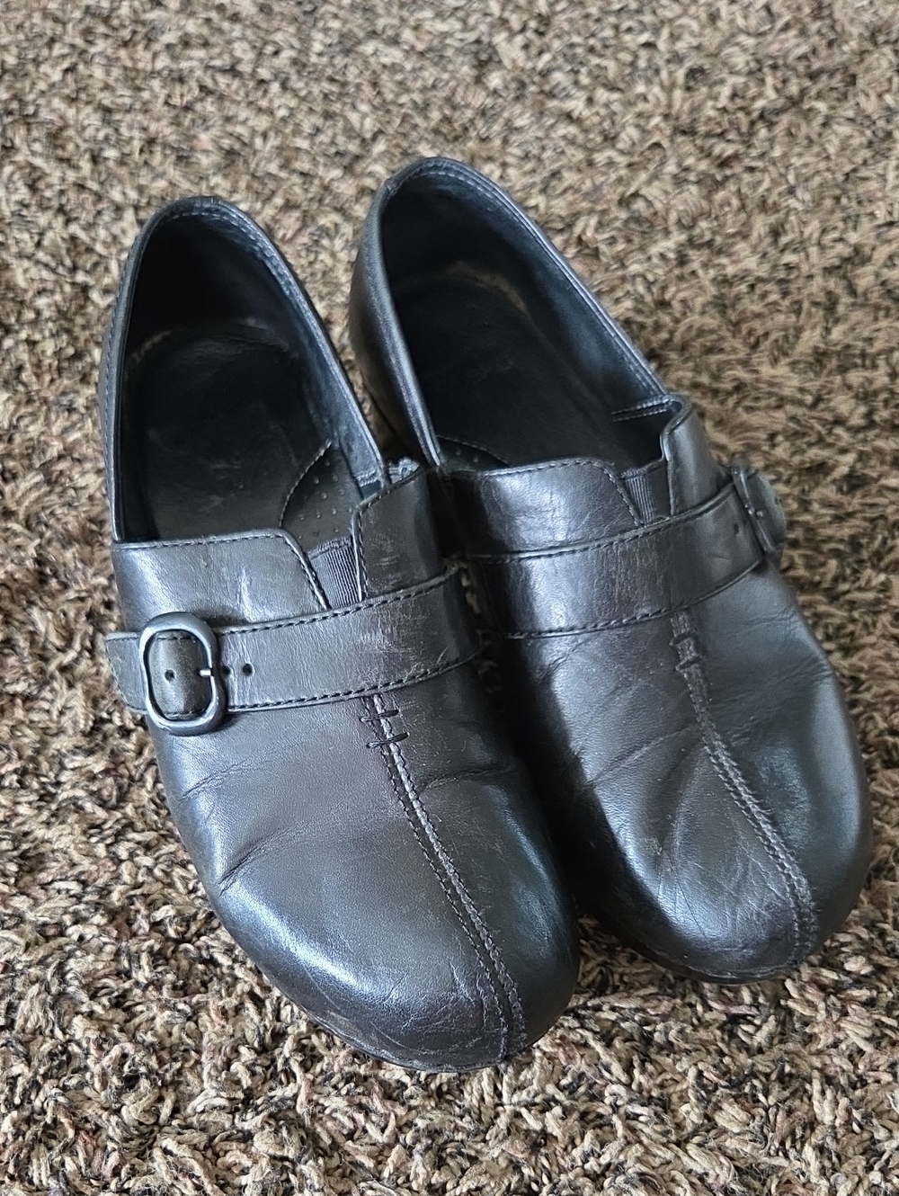 DANSKO Womans Black Leather Slip-On Loafers with Buckle Accent 37